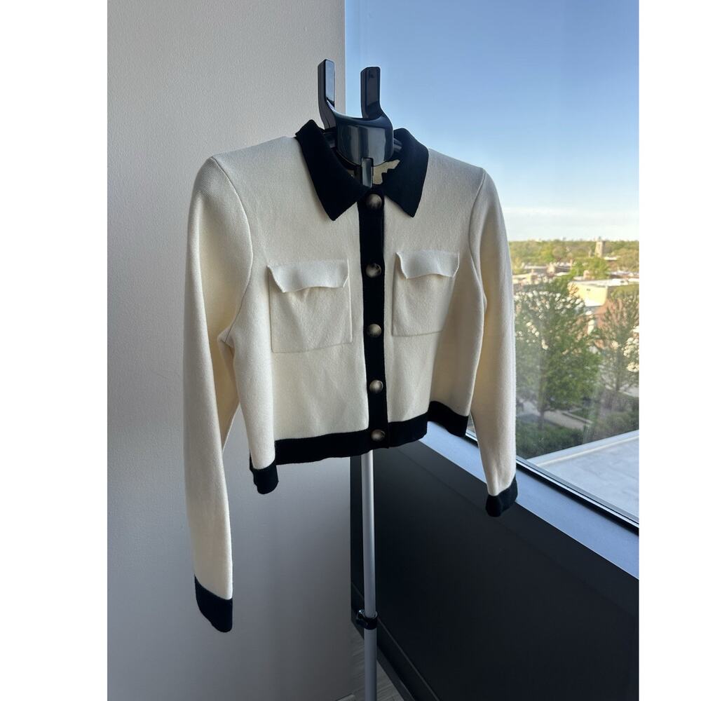 Sézane Ivory Black Merino Wool Knit Collared Cardigan Sweater Button Women's S